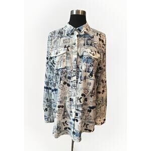 Karl Lagerfeld Women Roll Tab Long Sleeve Eiffel Paris Button Down Blouse Med
